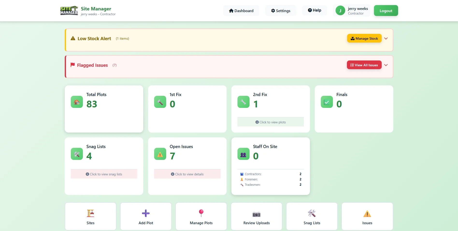 Site Manager dashboard showing live plot status, snag tracking and team attendance for UK housebuilding sites